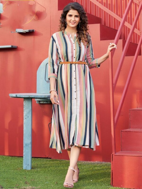 Gorgeous Multi-Color Lining Printed Rayon Readymade Kurti With Belt