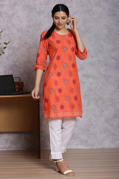 orange cotton and cambric straight kurta